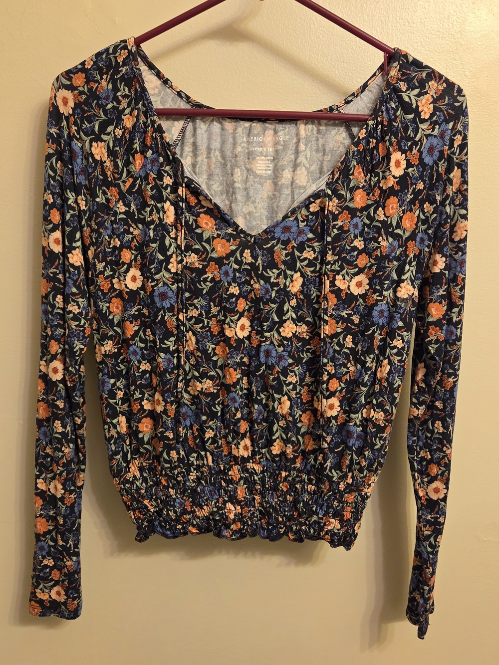 American Eagle Boho Cottagecore Floral Smocked Hem V-Neck Long Sleeve XS Croptop
